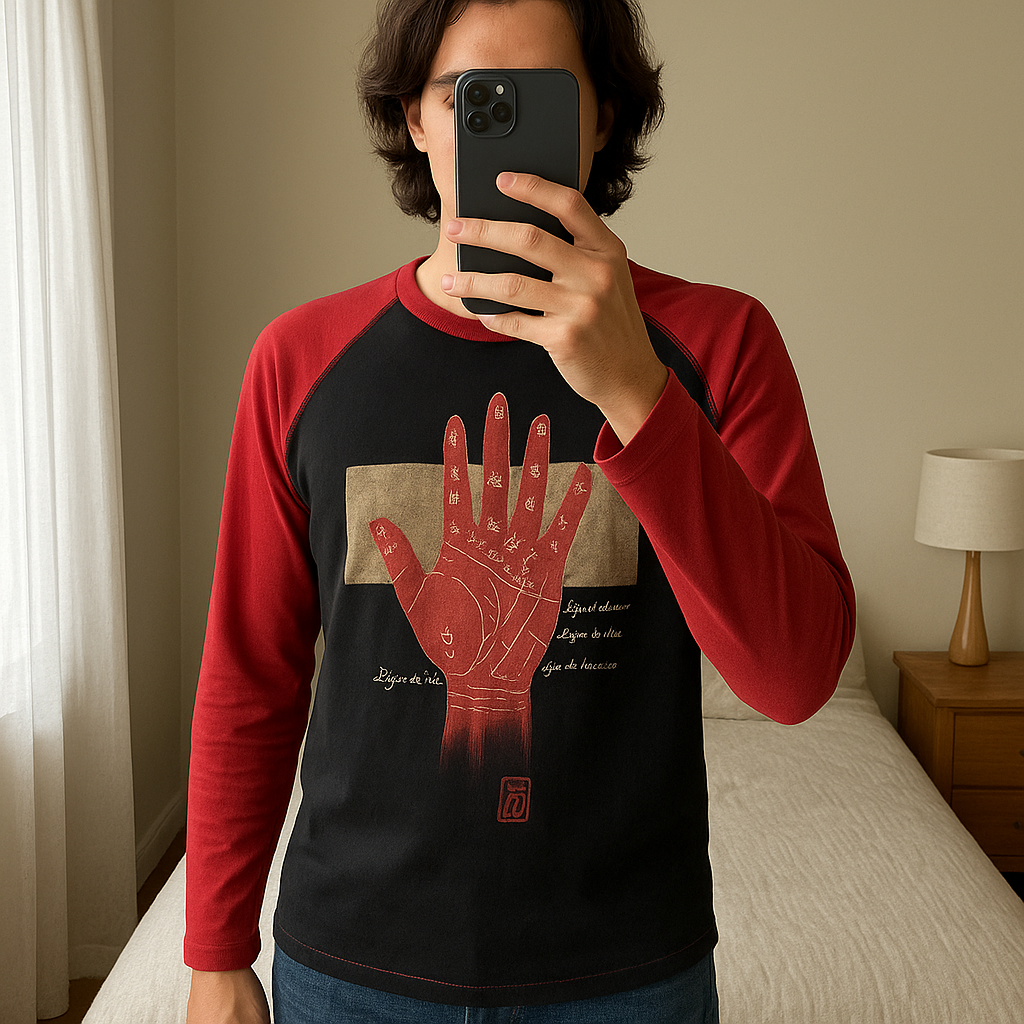 T.shirt de Createur BM (BeMyself) peint à la main debout, face à la caméra, dans une chambre à la lumière douce, avec une lumière naturelle filtrant par la fenêtre.