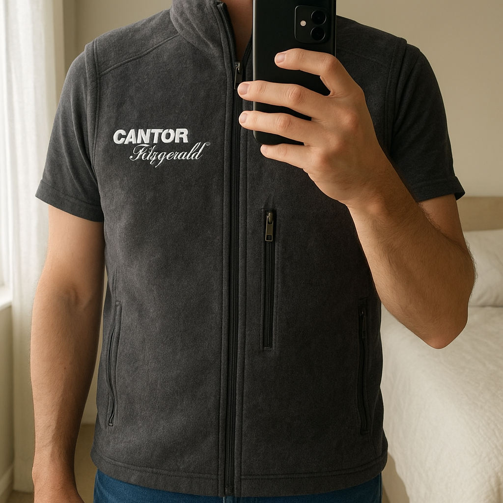 Veste sans manches Patagonia Cantor Fitzgerald debout, face à la caméra, dans une chambre à la lumière douce, avec une lumière naturelle filtrant par la fenêtre.