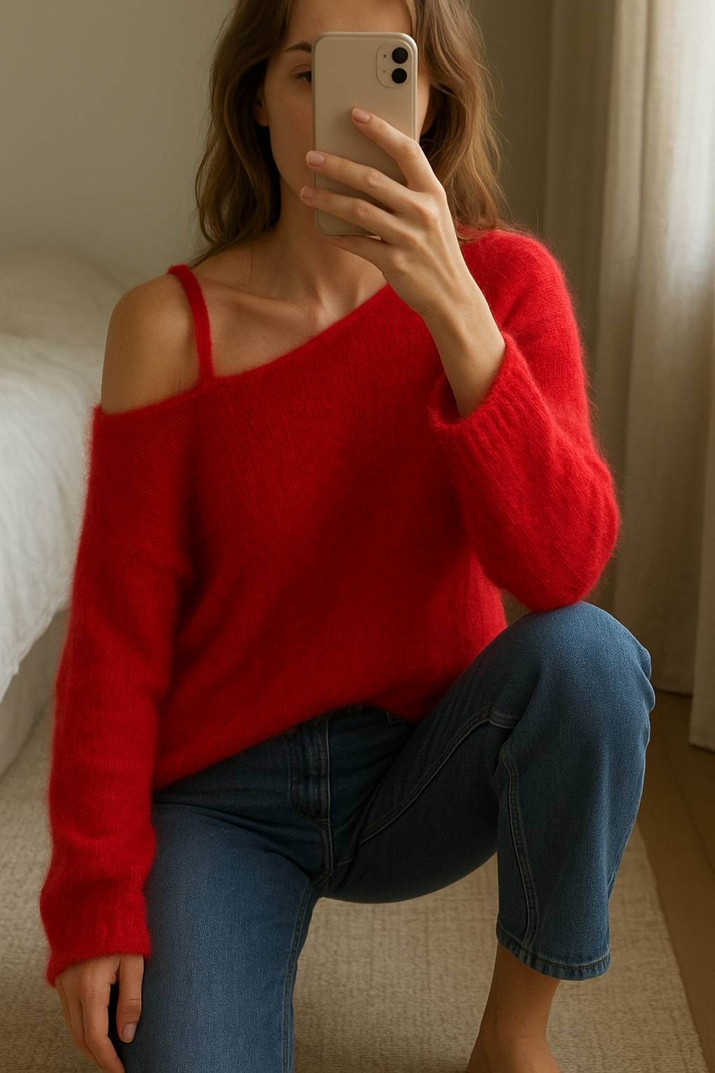 Une personne en Pull ba&sh angora framboise accroupi élégamment pour montrer le tombé et le mouvement du vêtement, avec une silhouette fine, dans une chambre à la lumière douce, avec une lumière naturelle filtrant par la fenêtre.