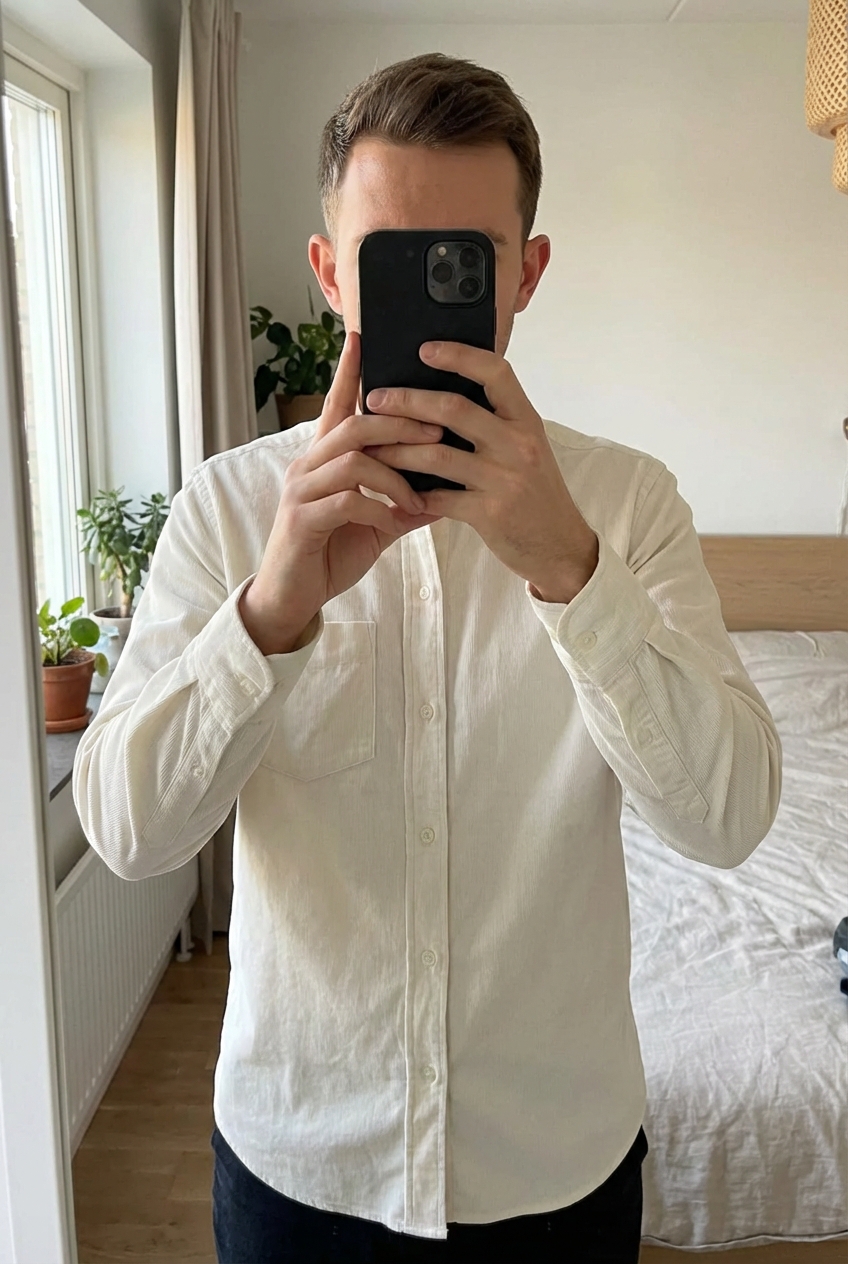 Chemise Fursac - velours fin - couleur crème – Taille M debout, face à la caméra, dans une chambre à la lumière douce, avec une lumière naturelle filtrant par la fenêtre.