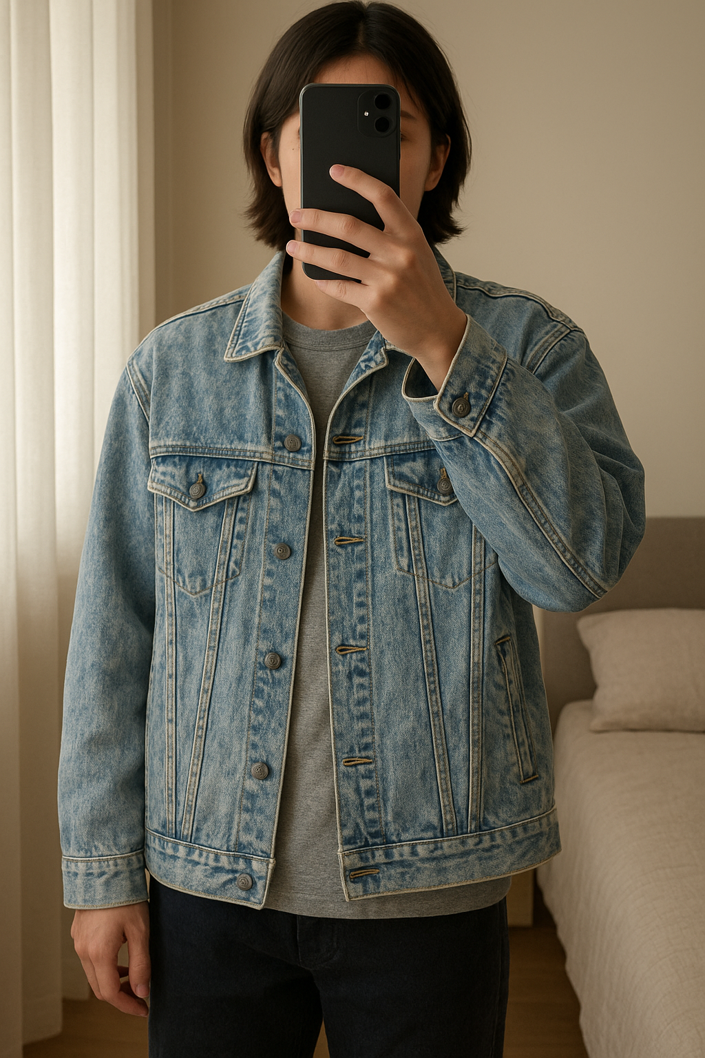 Veste en jean kiabi debout, face à la caméra, dans une chambre à la lumière douce, avec une lumière naturelle filtrant par la fenêtre.