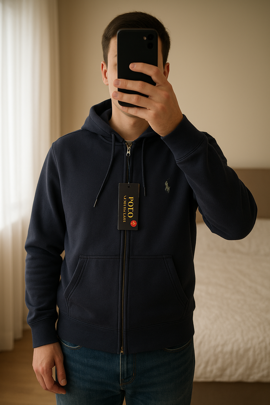 Hanorac Ralph Lauren standing straight facing the camera, in a softly lit bedroom setting, with gentle natural light filtering through a window.