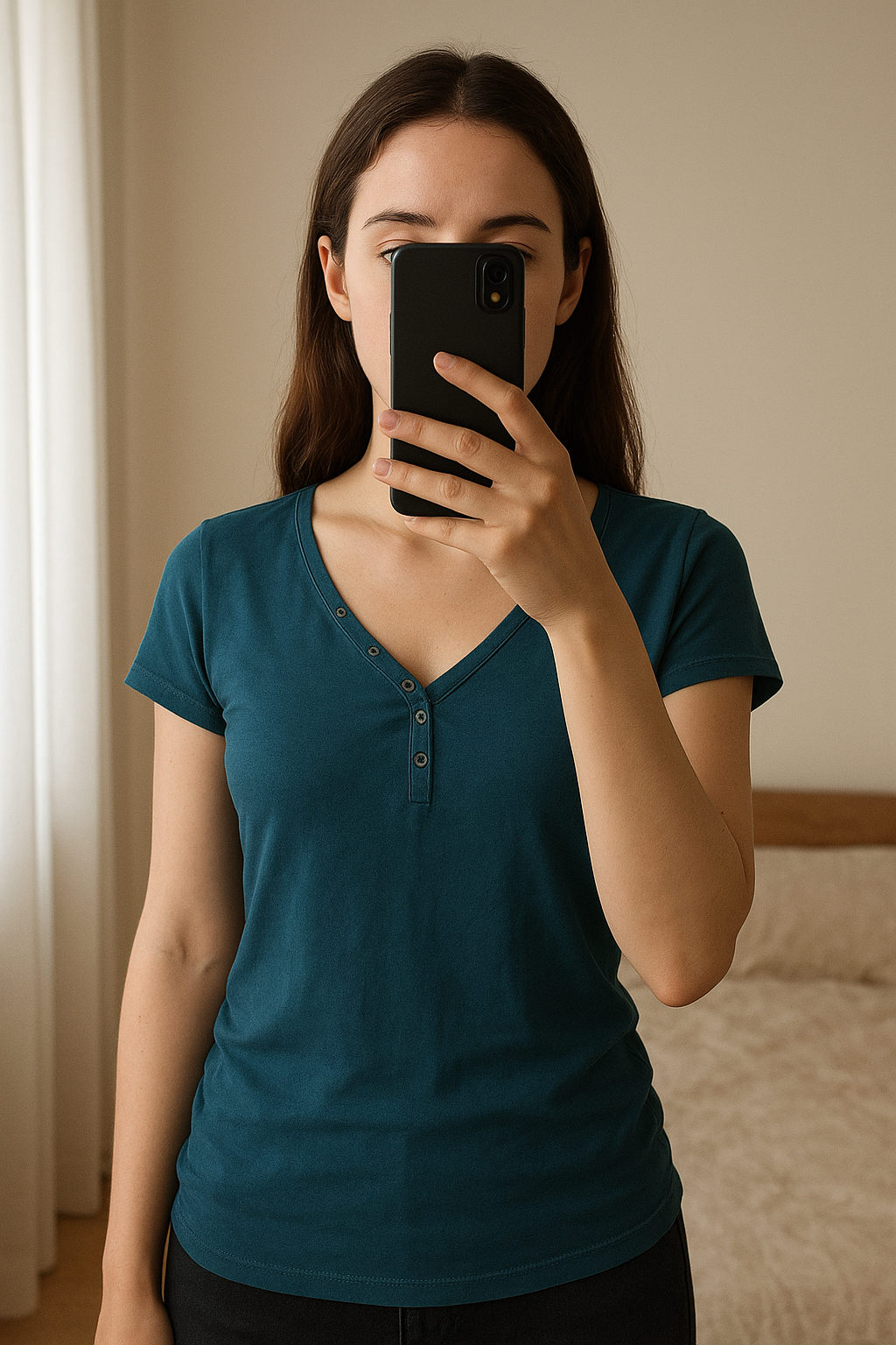 T-shirt met V-hals - Esprit - Maat XS - als nieuw debout, face à la caméra, dans une chambre à la lumière douce, avec une lumière naturelle filtrant par la fenêtre.