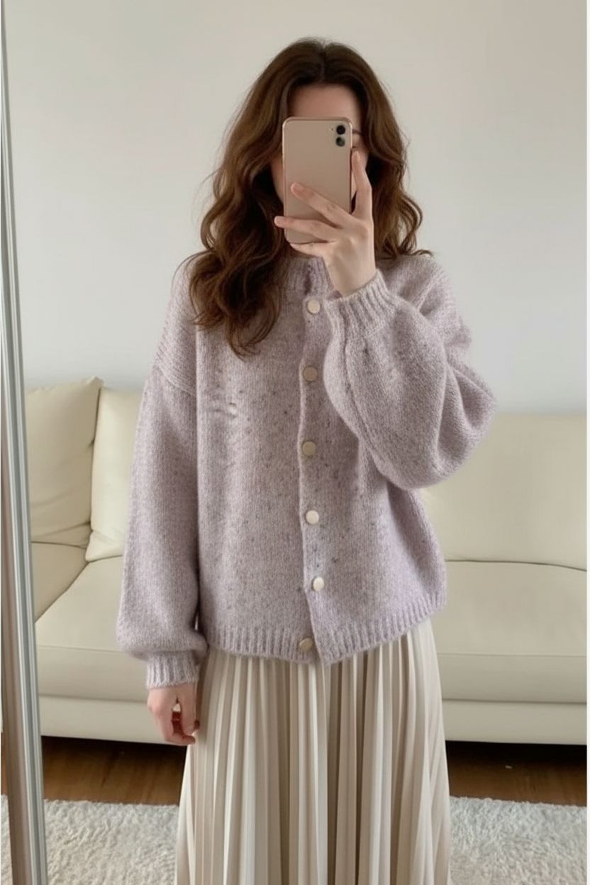 Gilet Chiné debout, face à la caméra, dans une chambre à la lumière douce, avec une lumière naturelle filtrant par la fenêtre.