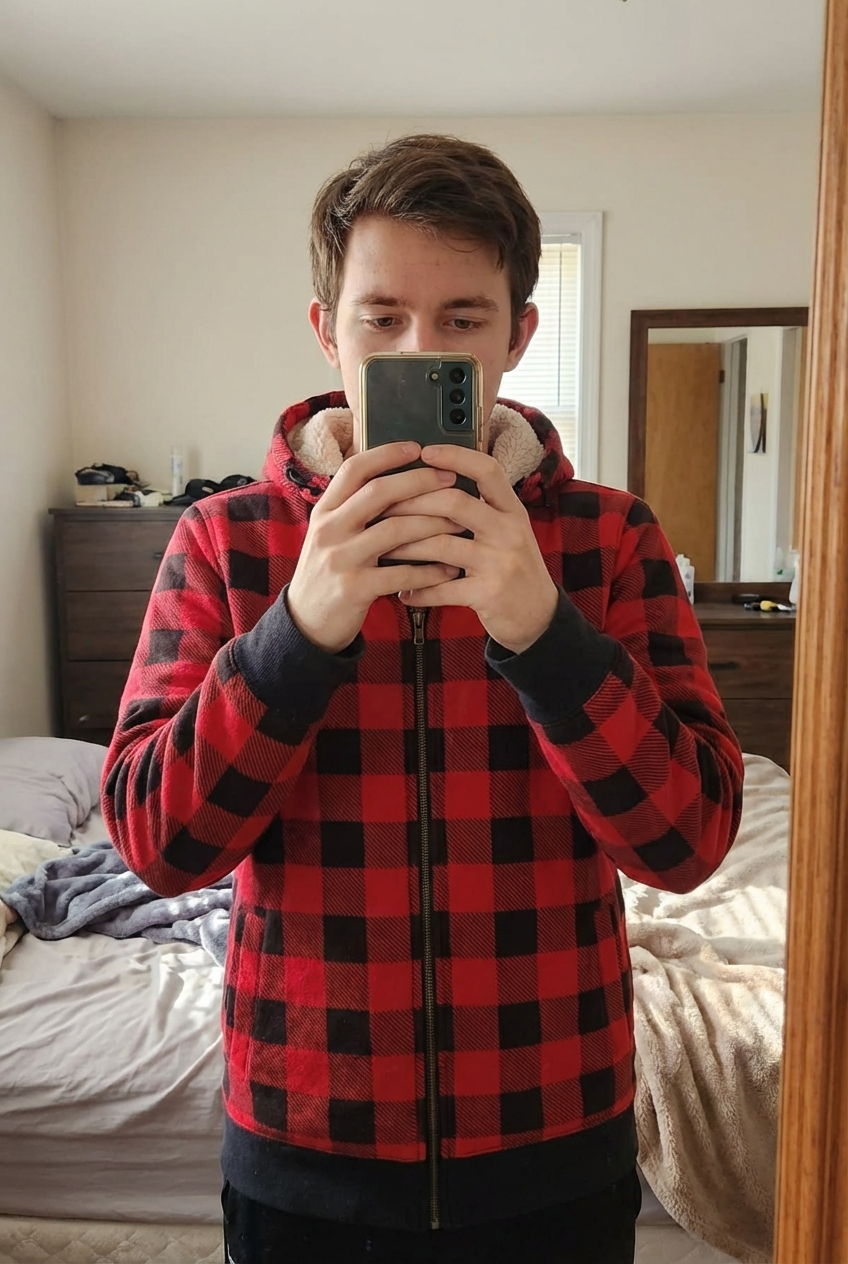 Veste a carreaux hiver debout, face à la caméra, dans une chambre à la lumière douce, avec une lumière naturelle filtrant par la fenêtre.