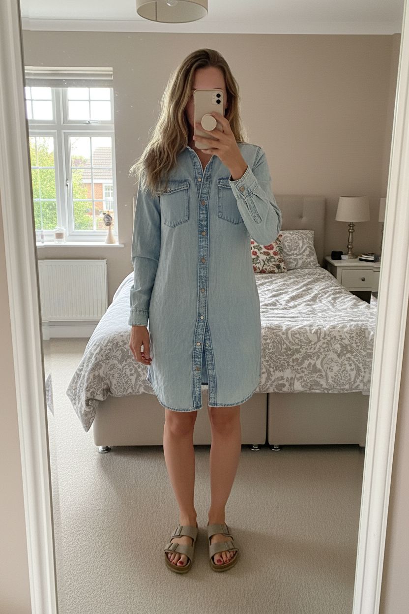 Robe jeans H&M debout, face à la caméra, dans une chambre à la lumière douce, avec une lumière naturelle filtrant par la fenêtre.