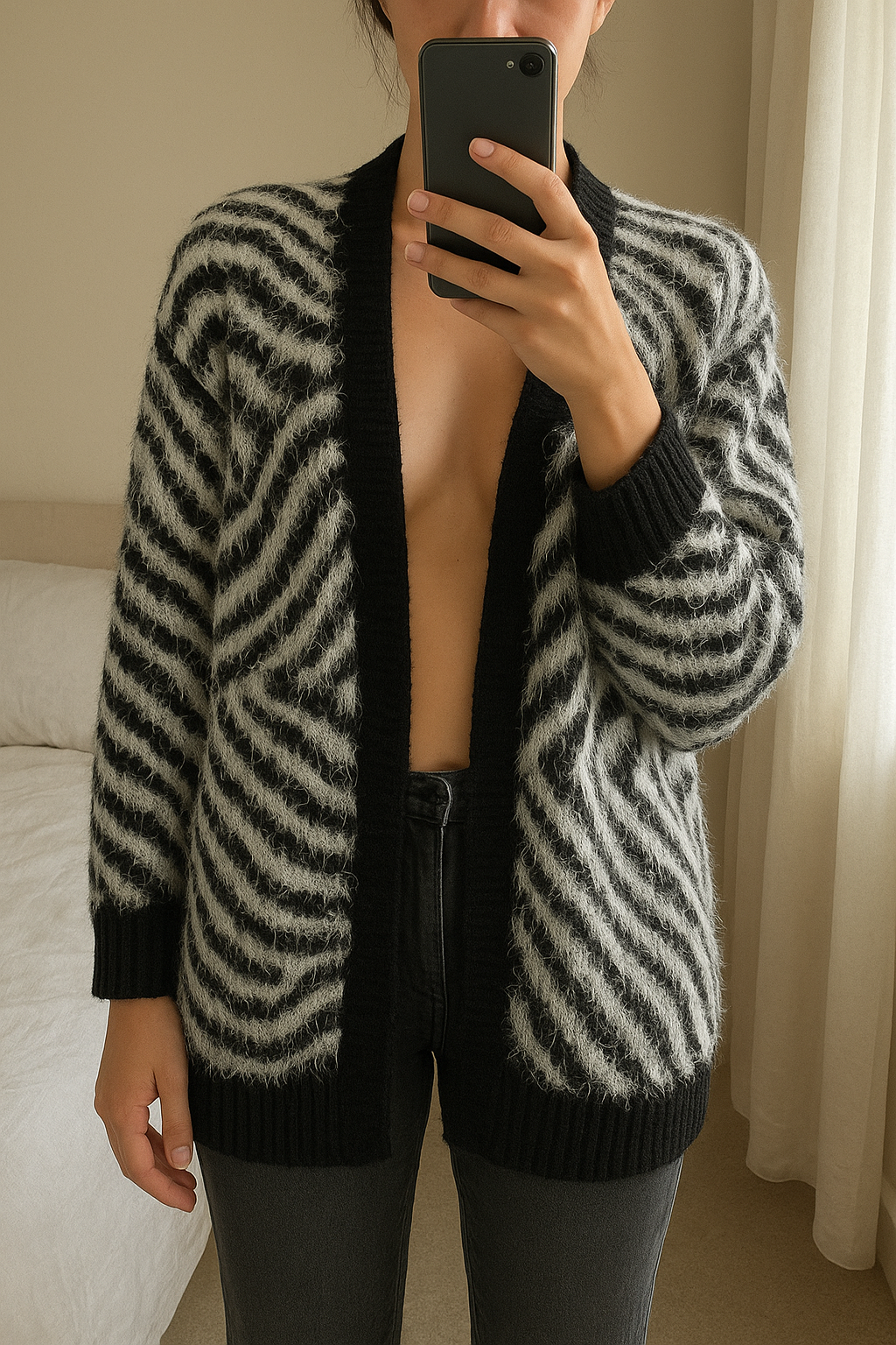 Long Cardigan Zébré Noir & Blanc, 13% Laine - Taille 40/L debout, face à la caméra, dans une chambre à la lumière douce, avec une lumière naturelle filtrant par la fenêtre.