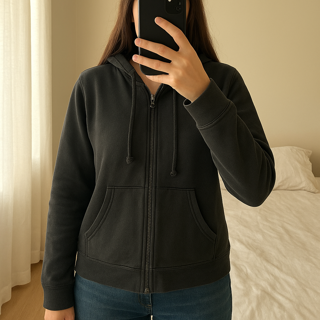 Gilet vintage debout, face à la caméra, dans une chambre à la lumière douce, avec une lumière naturelle filtrant par la fenêtre.