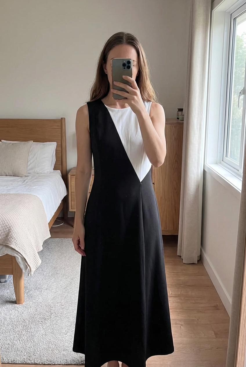 Vestido midi crepe Mango de pie, mirando a la cámara, en un dormitorio con luz suave y natural filtrándose por la ventana.