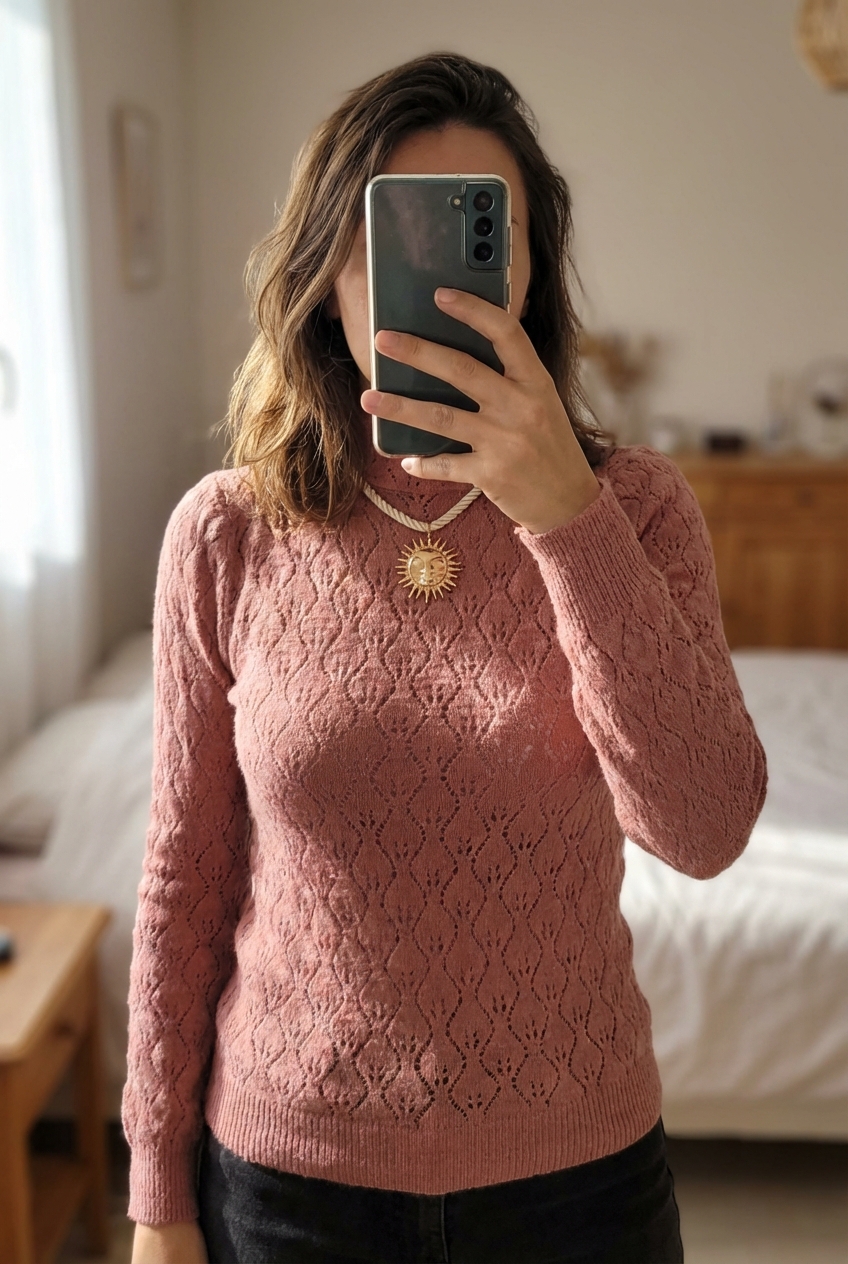 Une personne en Magnifique pull ajouré rose pâle à col montant – doux et élégant debout, face à la caméra, dans une chambre à la lumière douce, avec une lumière naturelle filtrant par la fenêtre.