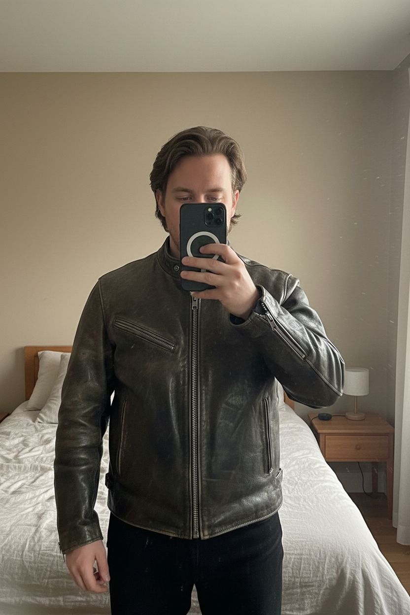 Une personne en Veste Blouson en cuir véritable Vintage Leather jacket Noir avec broderie harley davidson L/XL debout, face à la caméra, avec une silhouette légèrement plus ronde, dans une chambre à la lumière douce, avec une lumière naturelle filtrant par la fenêtre.