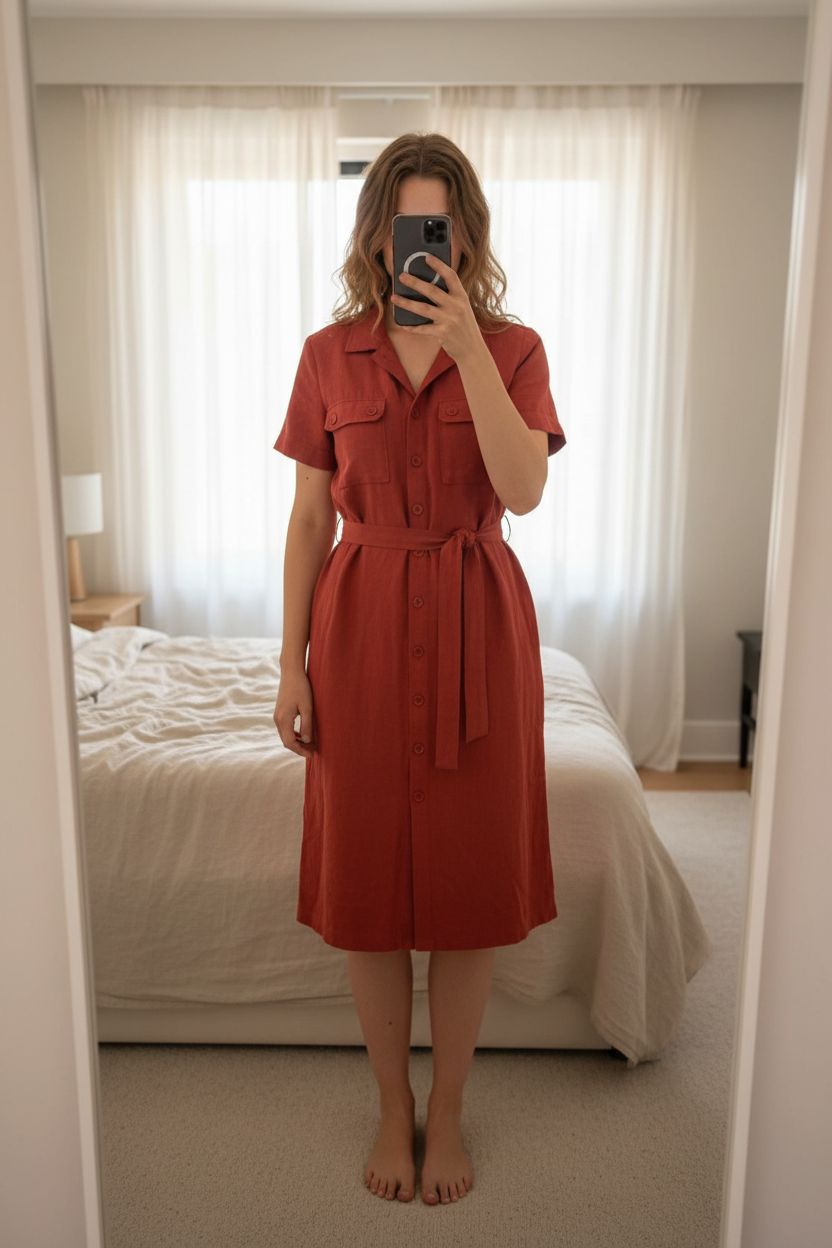 Robe amash debout, face à la caméra, dans une chambre à la lumière douce, avec une lumière naturelle filtrant par la fenêtre.