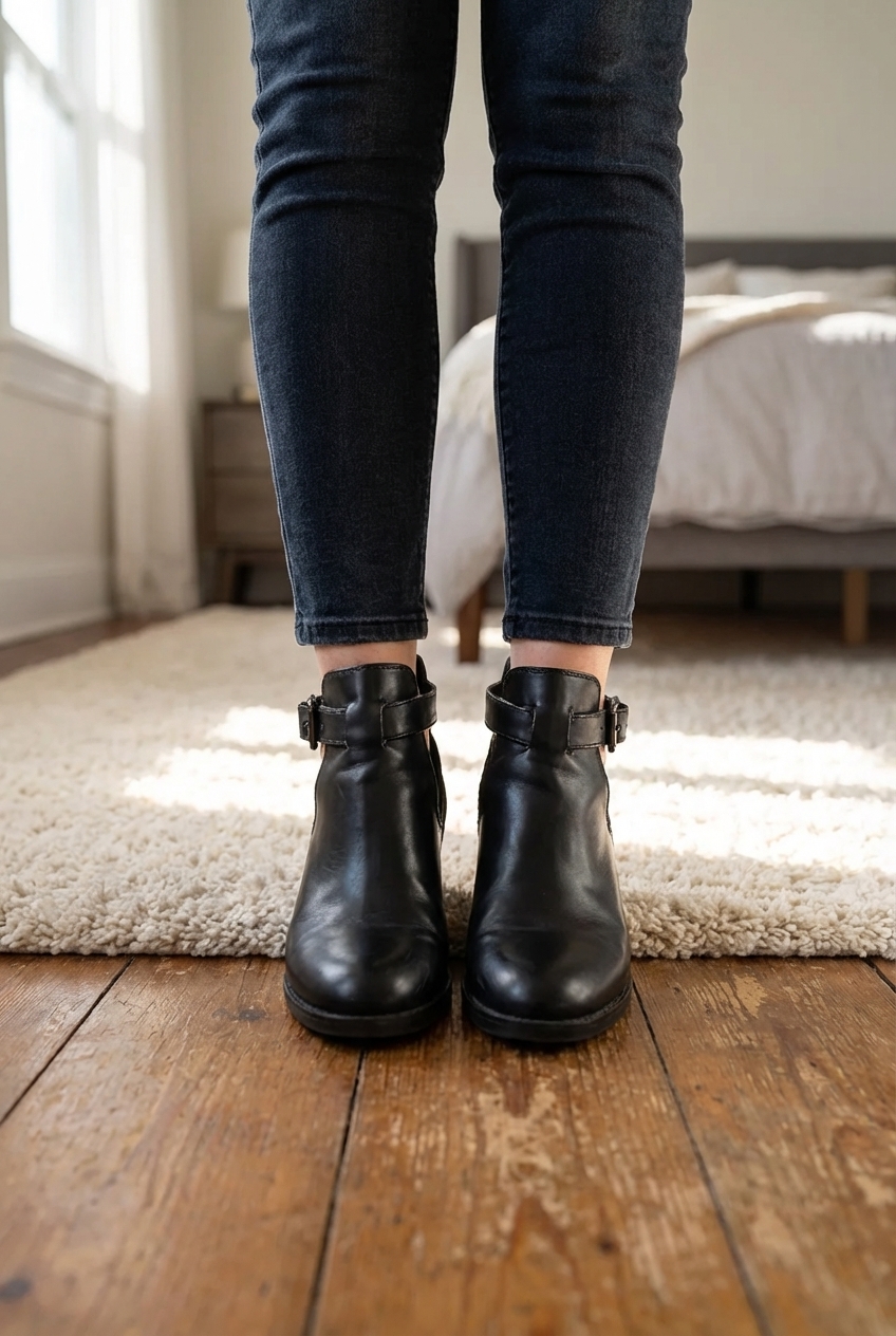 Bottines à talon Zara debout, face à la caméra, dans une chambre à la lumière douce, avec une lumière naturelle filtrant par la fenêtre.