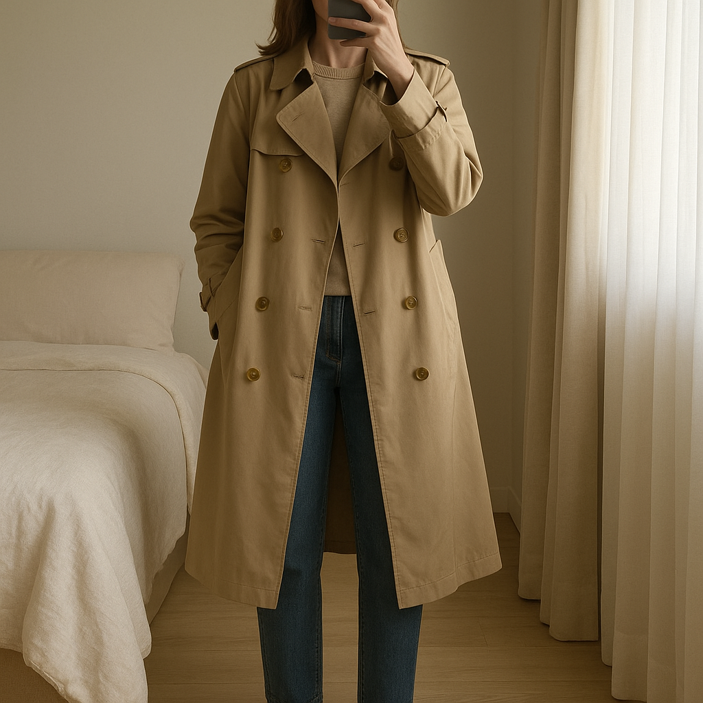 Burberry trench coat beige double-breasted size M-L (women’s) in piedi, rivolto verso la fotocamera, in una camera da letto con luce soffusa e luce naturale che filtra dalla finestra.
