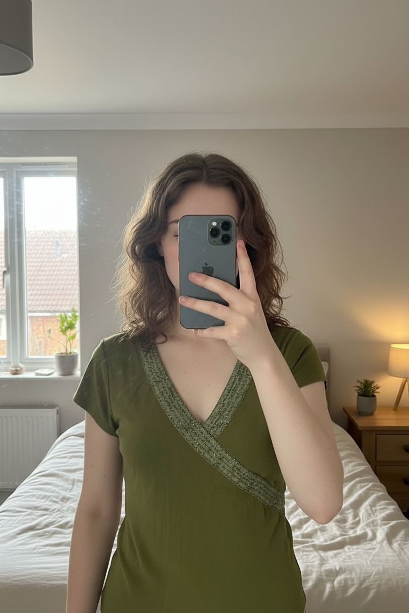 Vintage Y2K monsoon green embellished short sleeve top standing straight facing the camera, in a softly lit bedroom setting, with gentle natural light filtering through a window.