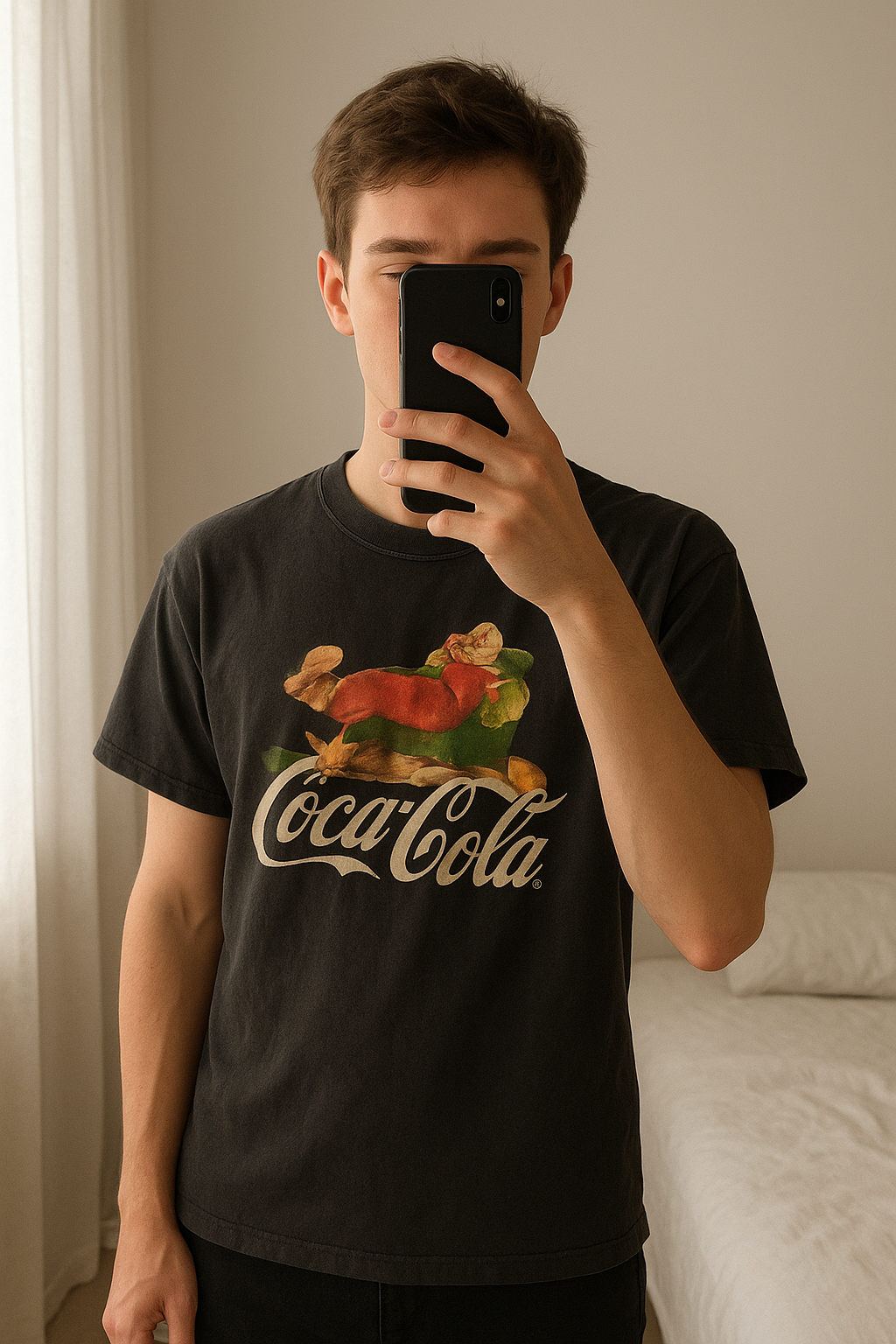 T-shirt de Noël Coca-Cola debout, face à la caméra, dans une chambre à la lumière douce, avec une lumière naturelle filtrant par la fenêtre.