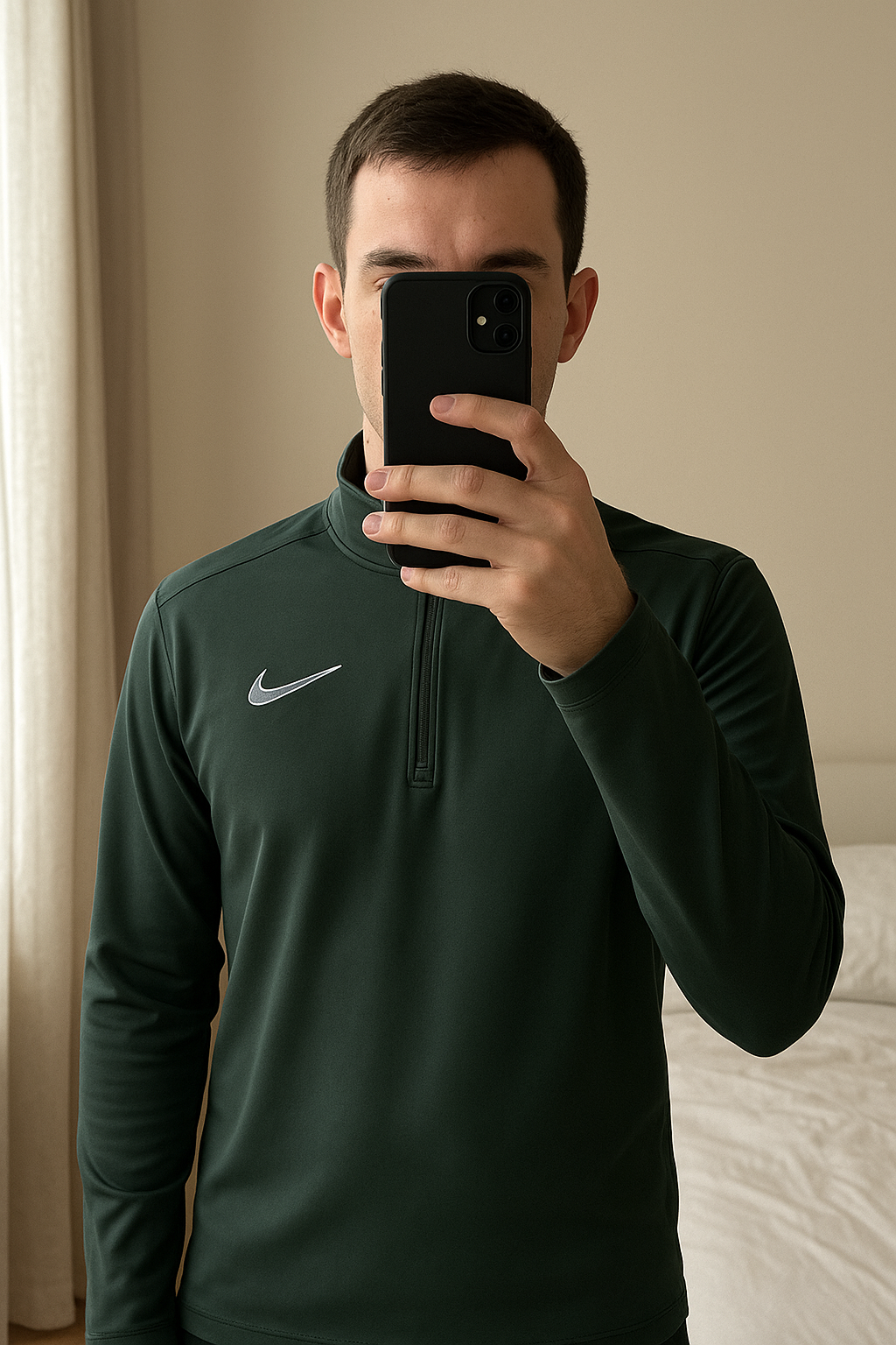 Pull Nike debout, face à la caméra, dans une chambre à la lumière douce, avec une lumière naturelle filtrant par la fenêtre.