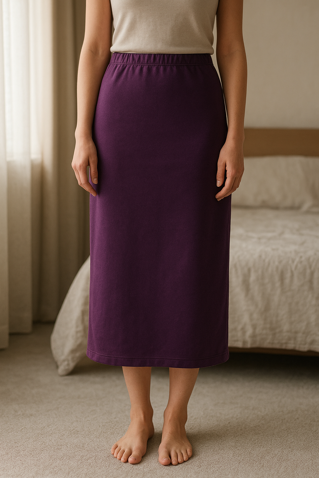 Jupe moulante violette debout, face à la caméra, dans une chambre à la lumière douce, avec une lumière naturelle filtrant par la fenêtre.