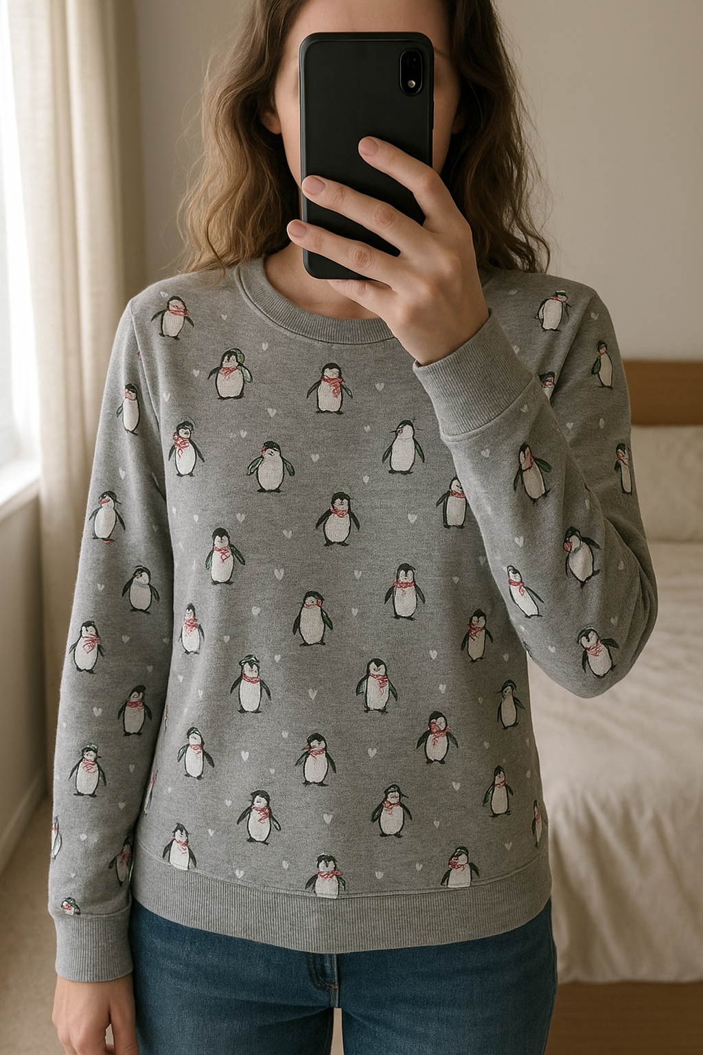 Pull tout doux petits pingouins de Noël t L debout, face à la caméra, dans une chambre à la lumière douce, avec une lumière naturelle filtrant par la fenêtre.