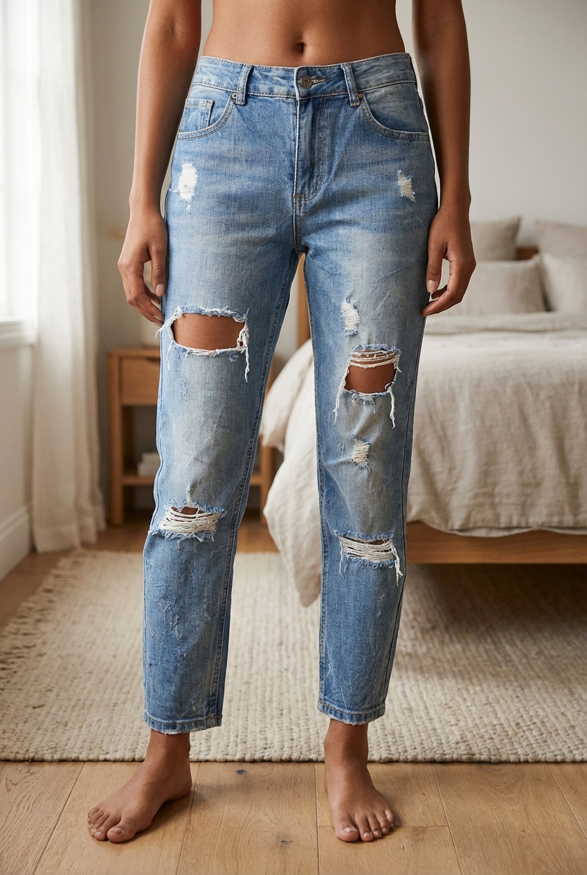 Une personne en Jean Destroy Taille M debout, face à la caméra, dans une chambre à la lumière douce, avec une lumière naturelle filtrant par la fenêtre.