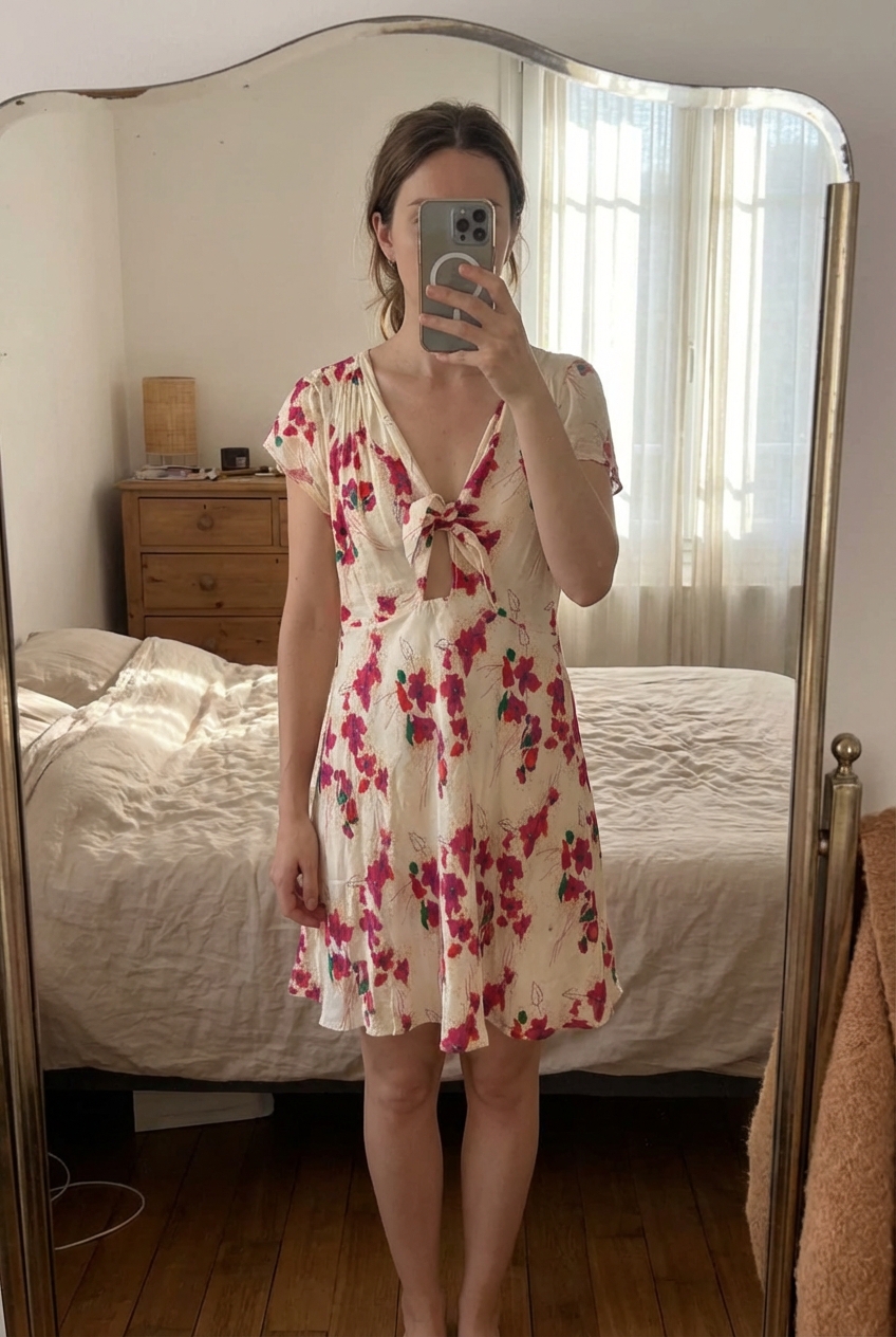 Robe à fleurs Ba&sh debout, face à la caméra, dans une chambre à la lumière douce, avec une lumière naturelle filtrant par la fenêtre.