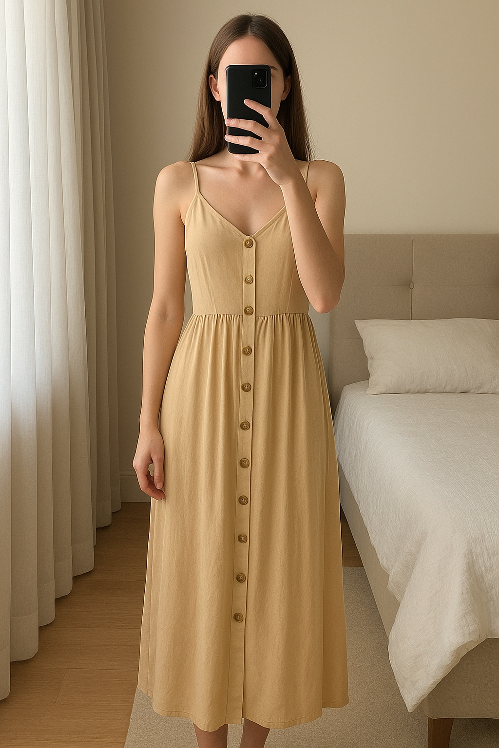 Long Beige Maxi Dress with Button Design standing straight facing the camera, in a softly lit bedroom setting, with gentle natural light filtering through a window.