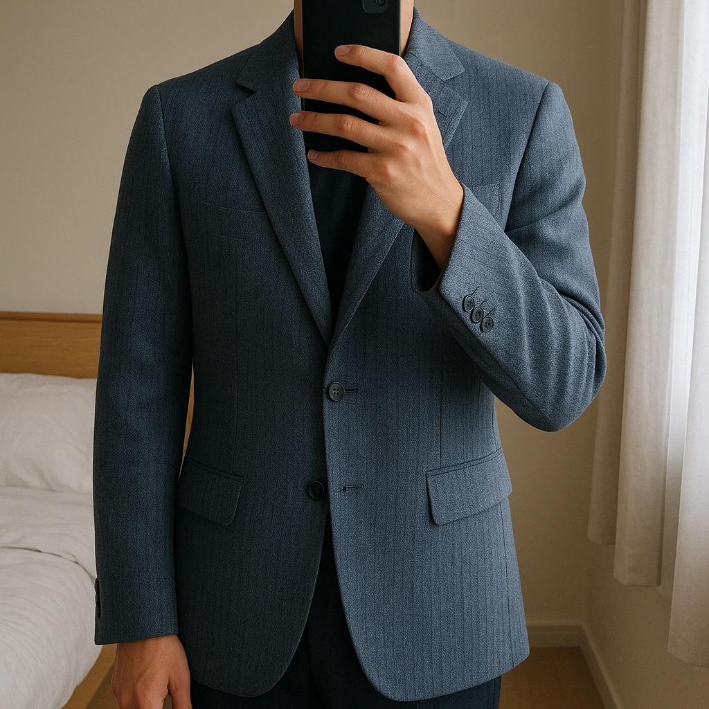 Brook Taverner Men's Navy Weave Wool Blend Single Breasted Suit Smart Jacket / Blazer - 38Reg standing straight facing the camera, in a softly lit bedroom setting, with gentle natural light filtering through a window.