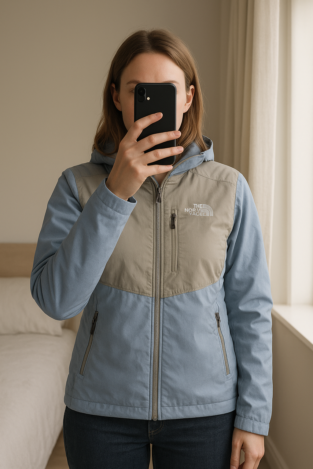 Vintage Grey and Blue The North Face Denali Fleece Jacket standing straight facing the camera, in a softly lit bedroom setting, with gentle natural light filtering through a window.