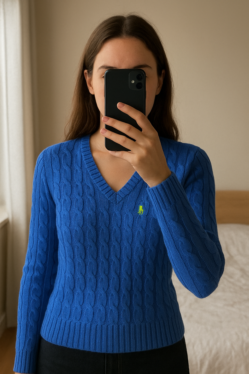Maglione Ralph Lauren Sport - Blu Navy con Logo Verde – Taglia M in piedi, rivolto verso la fotocamera, in una camera da letto con luce soffusa e luce naturale che filtra dalla finestra.