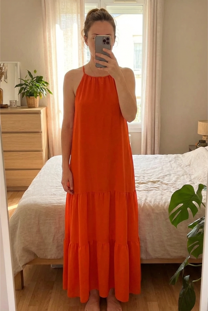 Robe longue dos nu debout, face à la caméra, dans une chambre à la lumière douce, avec une lumière naturelle filtrant par la fenêtre.