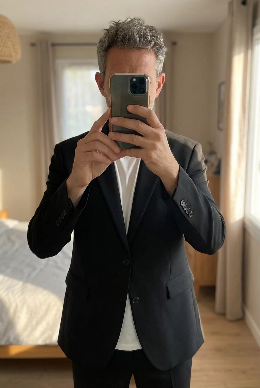 Blazer JULES en maille gris foncé XL NEUF debout, face à la caméra, dans une chambre à la lumière douce, avec une lumière naturelle filtrant par la fenêtre.