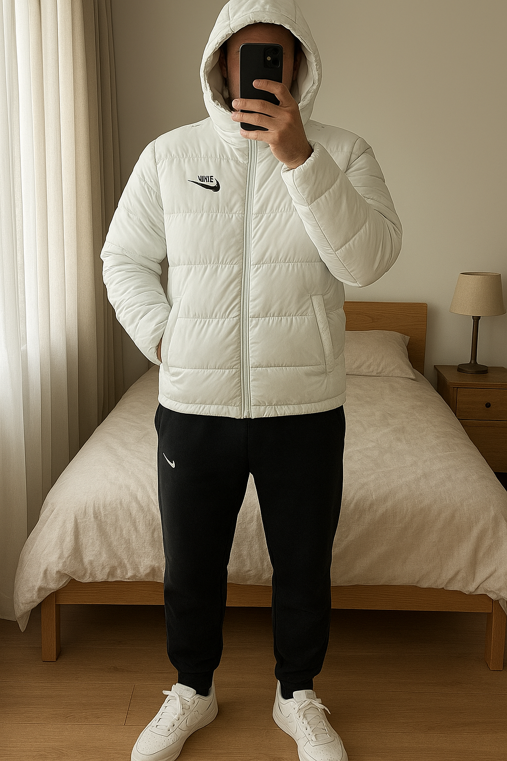 Manteau Parka Nike Blanc Veste Longue Doudoune debout, face à la caméra, dans une chambre à la lumière douce, avec une lumière naturelle filtrant par la fenêtre.