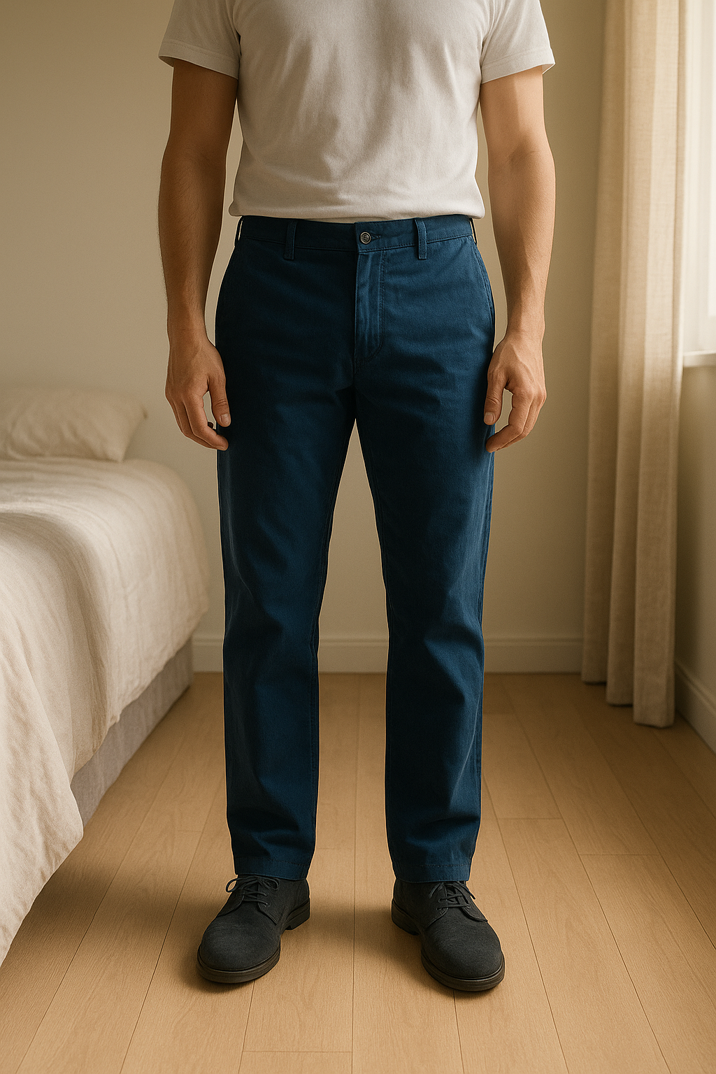 Une personne en Très beau pantalon ZEGNA debout, face à la caméra, dans une chambre à la lumière douce, avec une lumière naturelle filtrant par la fenêtre.