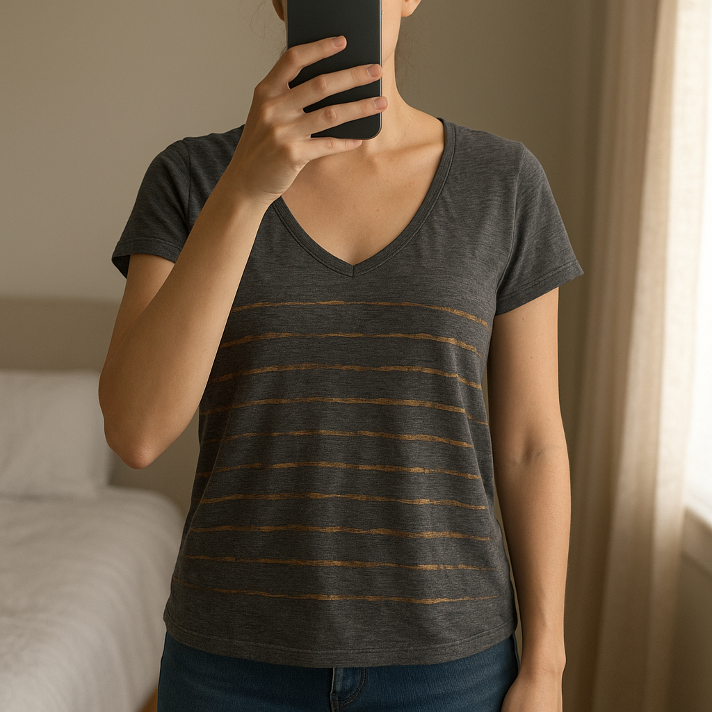Hush T shirt standing straight facing the camera, in a softly lit bedroom setting, with gentle natural light filtering through a window.