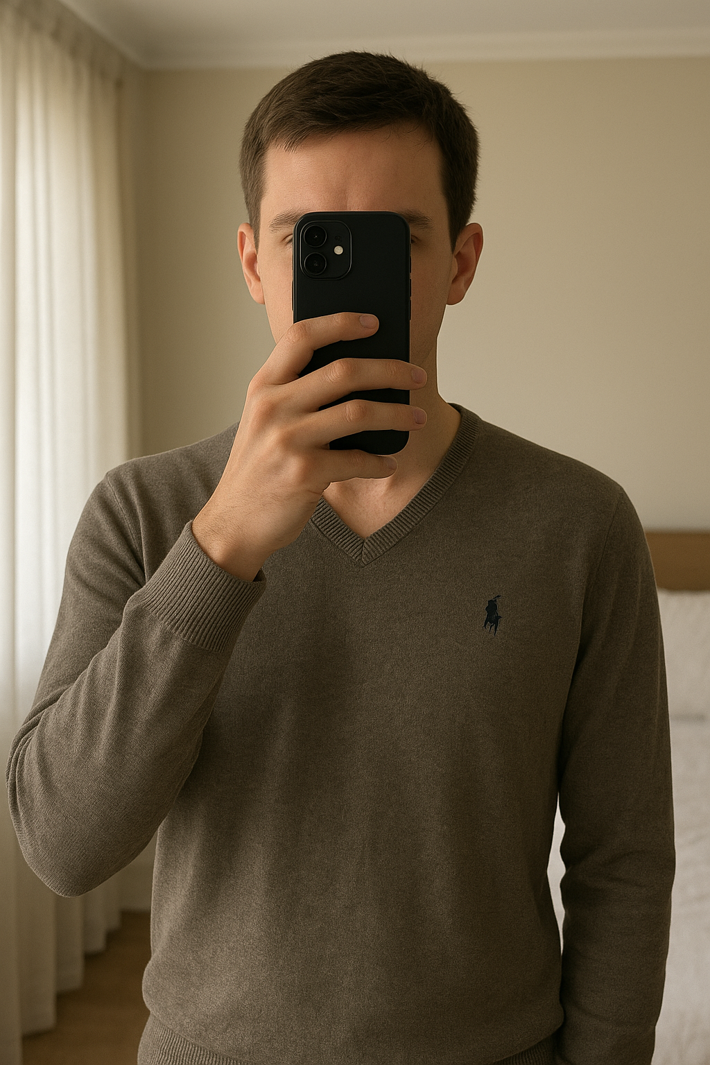 Pull col V Polo Ralph Lauren Homme Taille L debout, face à la caméra, dans une chambre à la lumière douce, avec une lumière naturelle filtrant par la fenêtre.