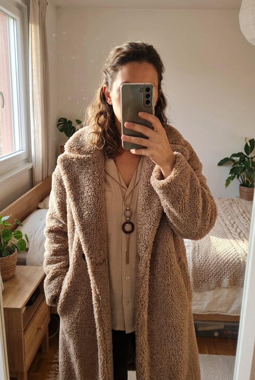 Une personne en Magnifique manteau style teddy bear – tons marron et beige debout, face à la caméra, dans une chambre à la lumière douce, avec une lumière naturelle filtrant par la fenêtre.