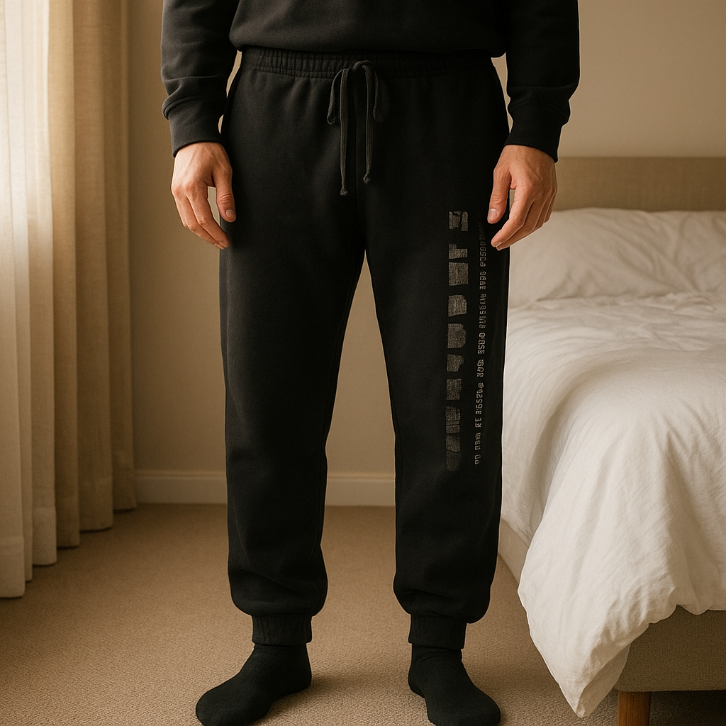Schwarze Jogginghose – bequem & sportlich aufrecht stehend, der Kamera zugewandt, in einem sanft beleuchteten Schlafzimmer, mit natürlichem Licht, das durch ein Fenster fällt.