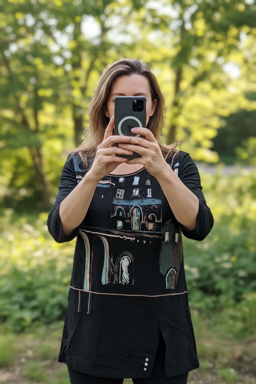 Une personne en Haut femme, noir imprimé, Marque Affinités, taille 38 debout, face à la caméra, avec une silhouette légèrement plus ronde, en extérieur, dans un cadre naturel entouré de verdure et de lumière douce.