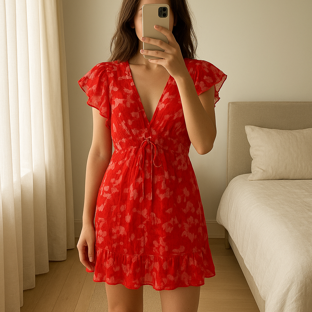Robe Zara Stradivarius T36 debout, face à la caméra, dans une chambre à la lumière douce, avec une lumière naturelle filtrant par la fenêtre.