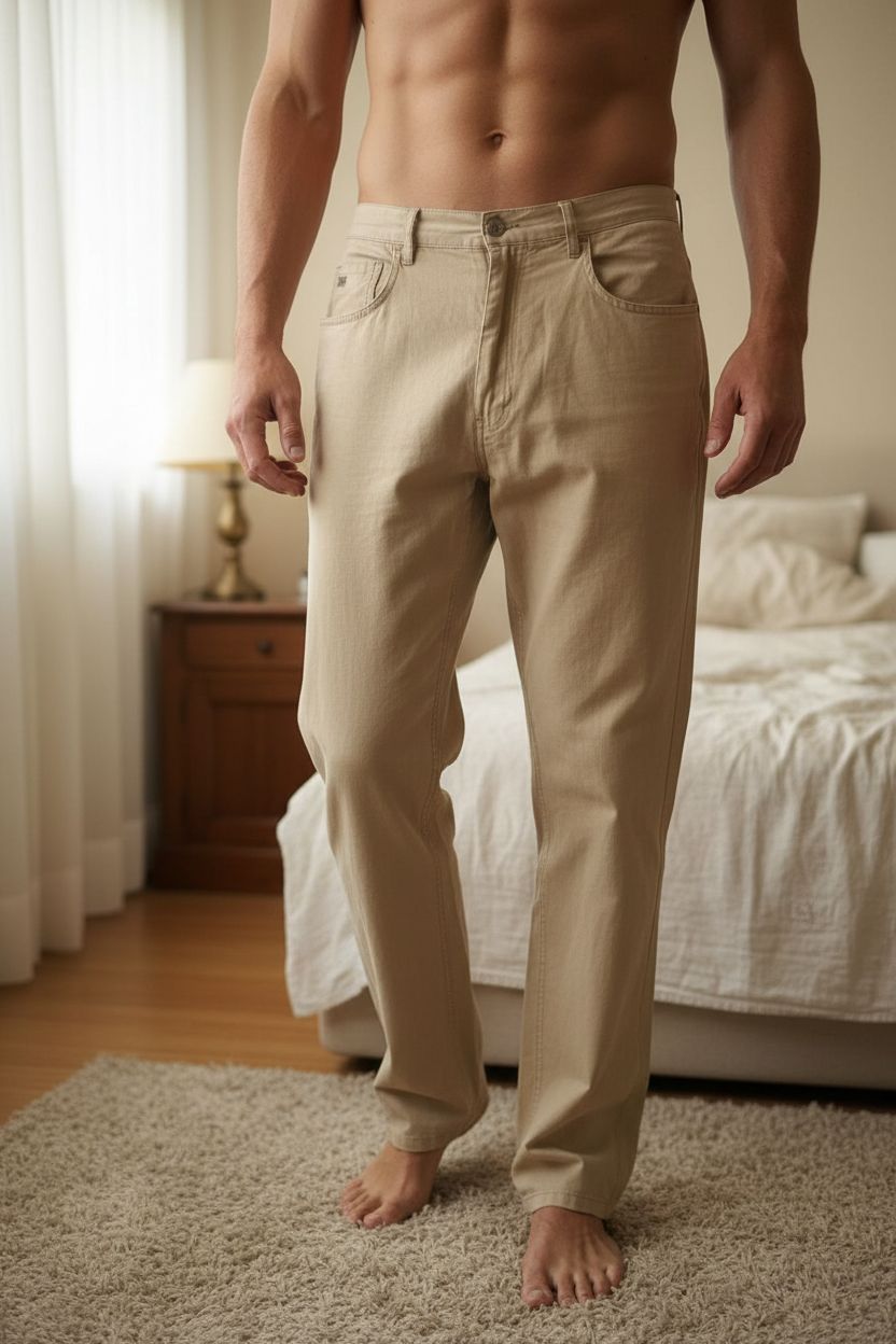 Pantalon pedro del hierro lino de pie, mirando a la cámara, en un dormitorio con luz suave y natural filtrándose por la ventana.