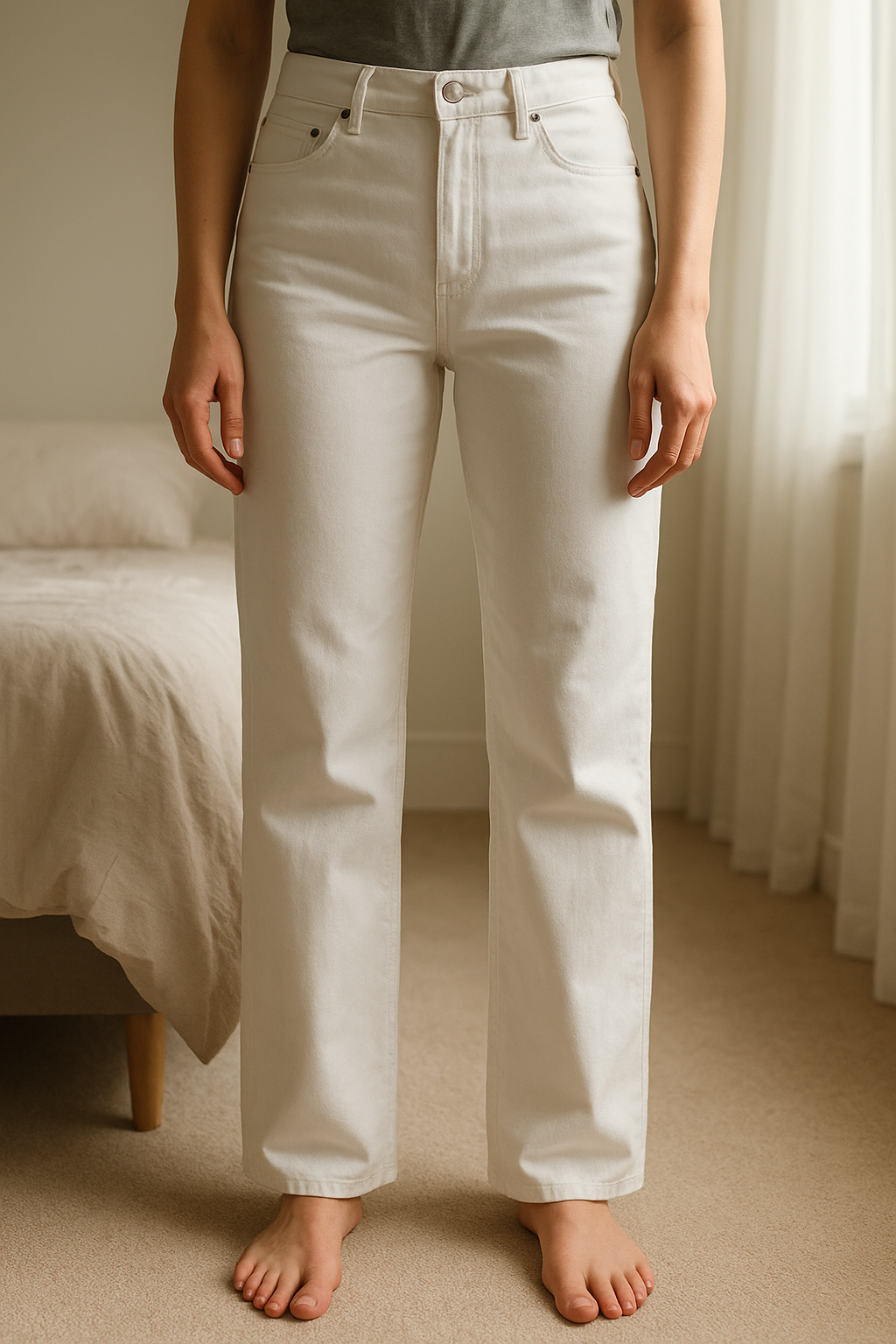 Jeans blanc debout, face à la caméra, dans une chambre à la lumière douce, avec une lumière naturelle filtrant par la fenêtre.