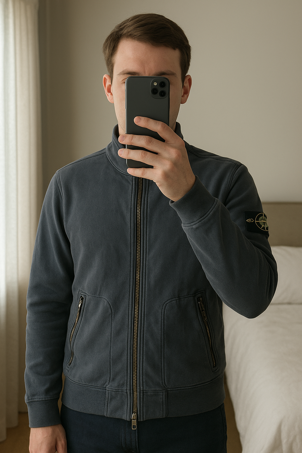 Veste Stone island junior debout, face à la caméra, dans une chambre à la lumière douce, avec une lumière naturelle filtrant par la fenêtre.