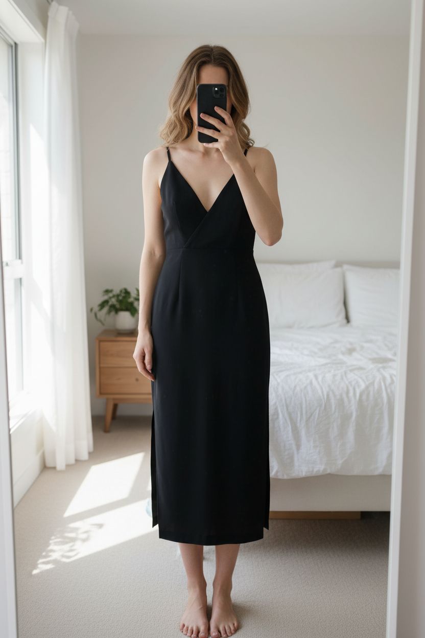 Finders Keepers Black Midi Dress standing straight facing the camera, in a softly lit bedroom setting, with gentle natural light filtering through a window.