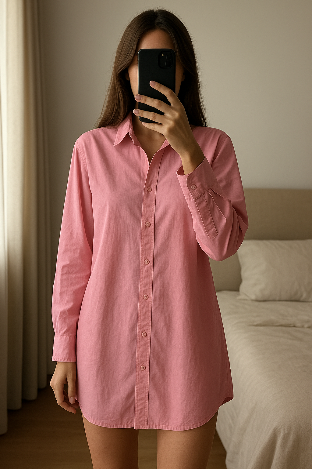 Chemise oversize rose debout, face à la caméra, dans une chambre à la lumière douce, avec une lumière naturelle filtrant par la fenêtre.