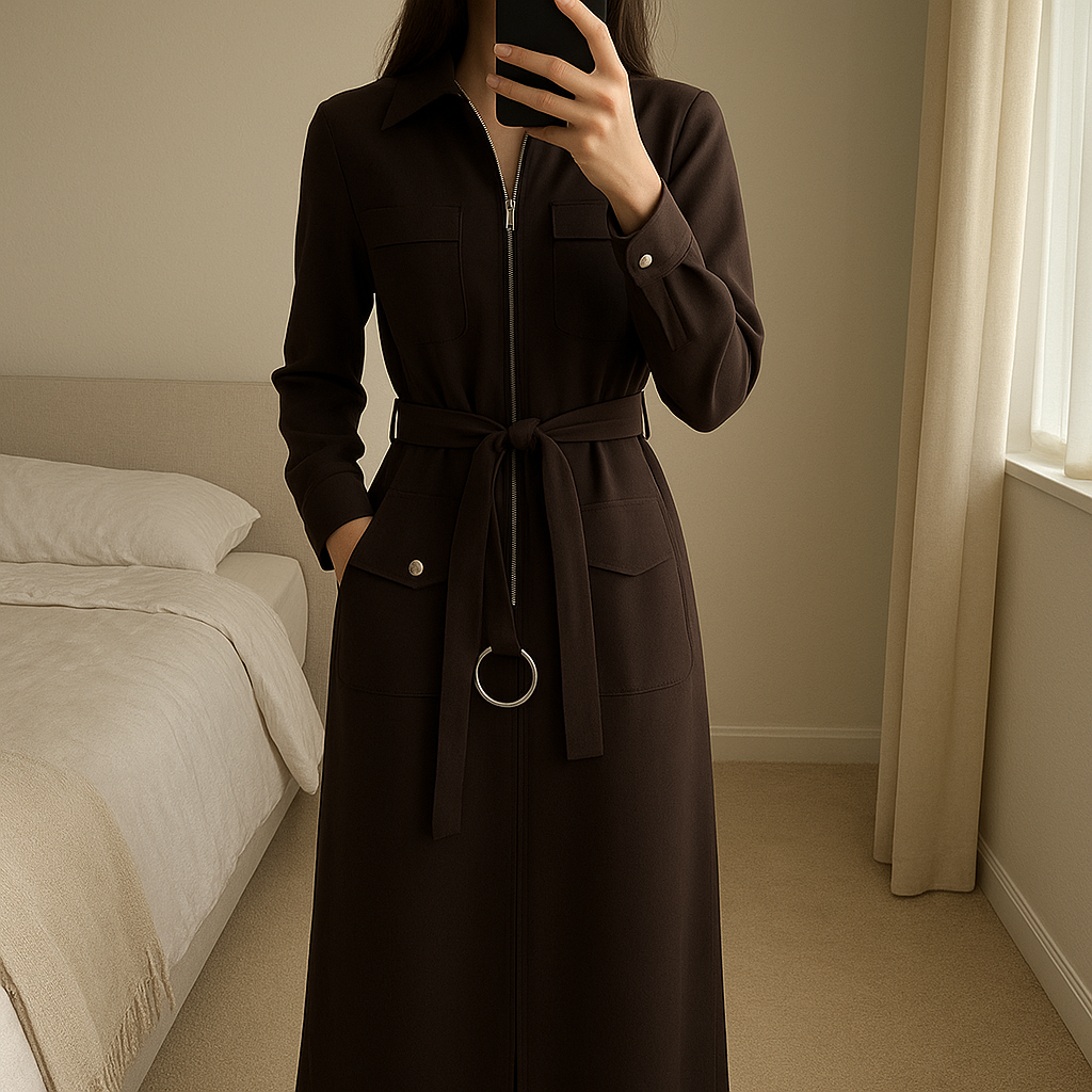 Combinaison kaki zara 34/36 debout, face à la caméra, dans une chambre à la lumière douce, avec une lumière naturelle filtrant par la fenêtre.