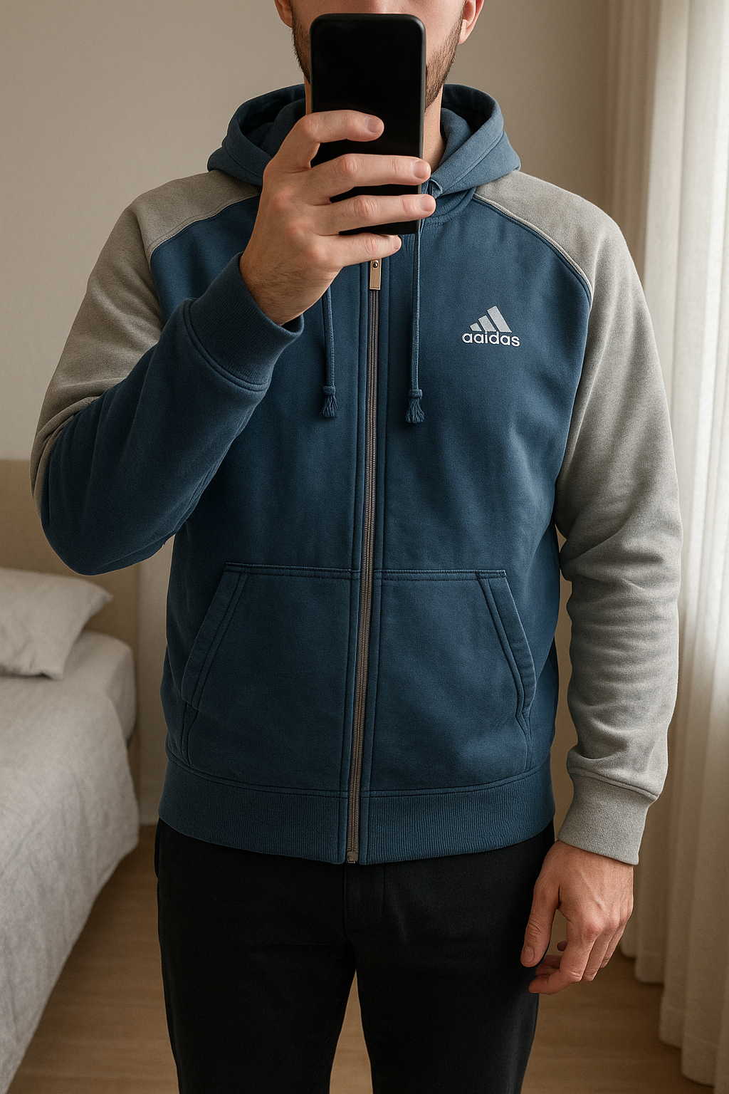 Veste adidas hommme debout, face à la caméra, dans une chambre à la lumière douce, avec une lumière naturelle filtrant par la fenêtre.