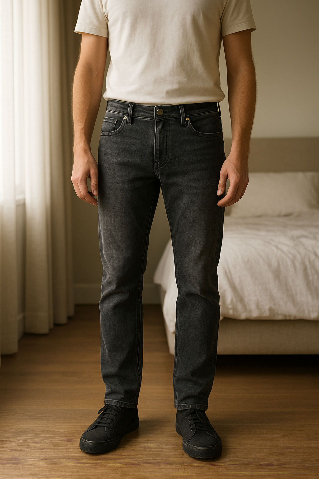 Jean gris Mavi Black taille S debout, face à la caméra, dans une chambre à la lumière douce, avec une lumière naturelle filtrant par la fenêtre.