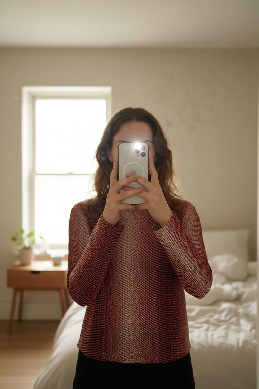 🔴 vintage red polka dot top • 90s red dotted blouse • y2k summer top • size s aufrecht stehend, der Kamera zugewandt, in einem sanft beleuchteten Schlafzimmer, mit natürlichem Licht, das durch ein Fenster fällt.