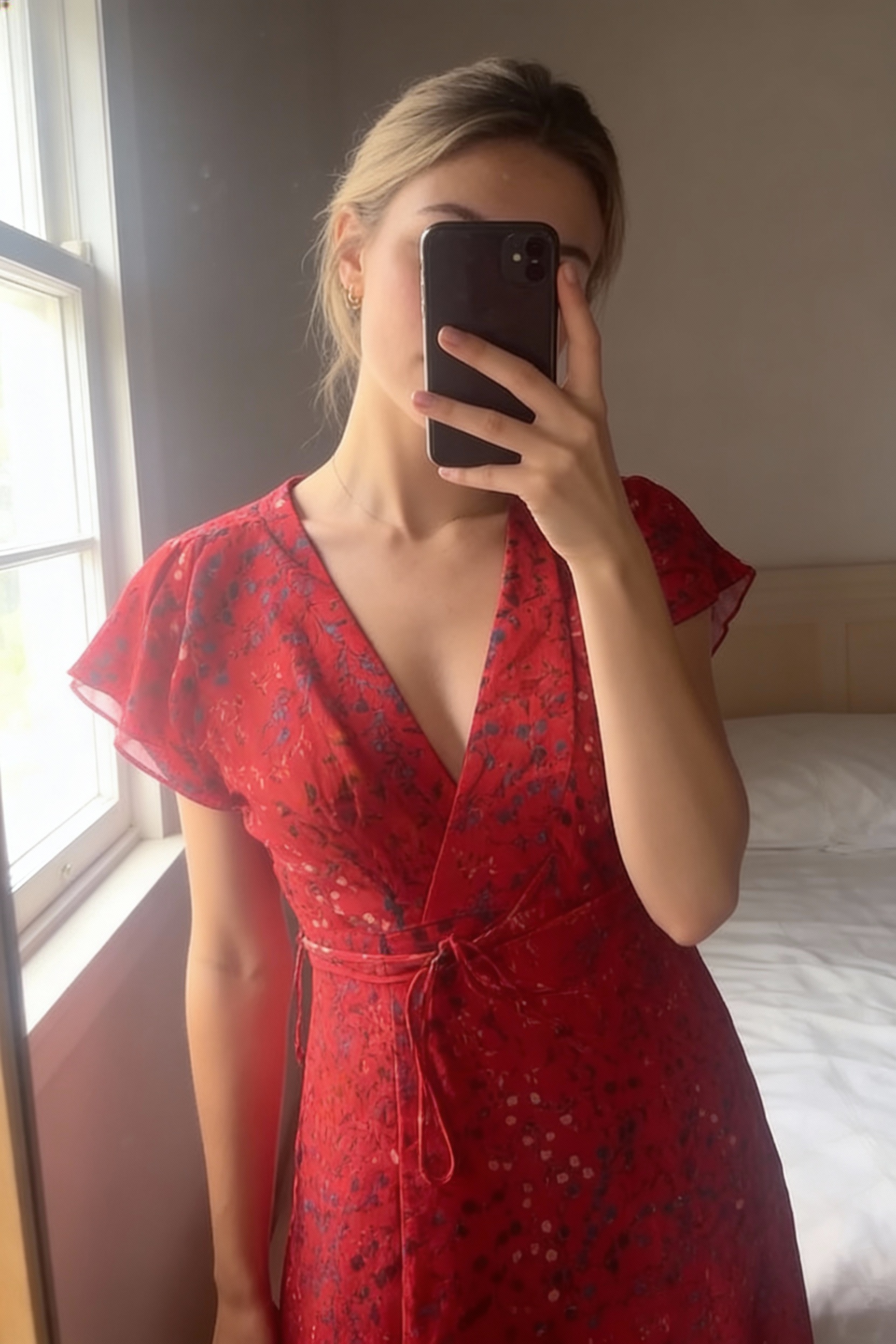 🌺 French Connection Pink Floral Wrap Dress Size 8 – Floaty & Feminine 🌺 standing straight facing the camera, in a softly lit bedroom setting, with gentle natural light filtering through a window.