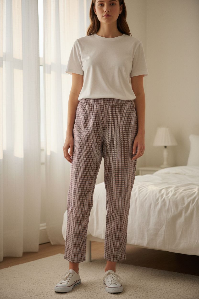 Marks & Spencer (M&S) Red Mix Check Trousers Size M (UK 14 / EU 42) Regular Length standing straight facing the camera, in a softly lit bedroom setting, with gentle natural light filtering through a window.